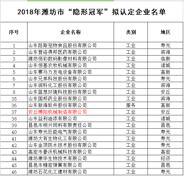 安丘k8凯发国际机械被认定为2018年潍坊市“隐形冠军”企业